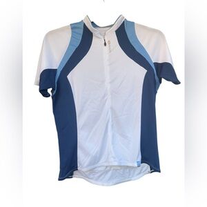 Sugoi Women’s size Large Blue and White Cycling Shirt/performance/zip